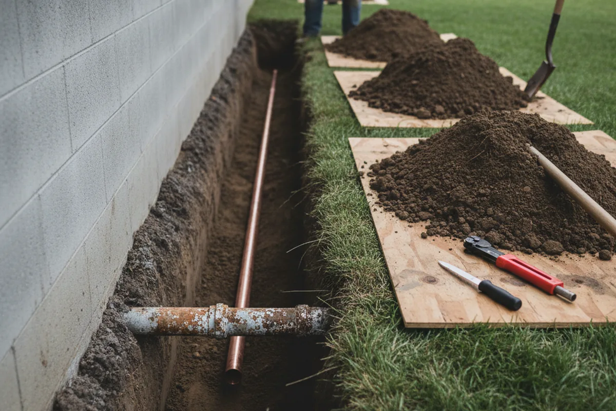 Excavated water line trench during Sewer Line Repair in Medaryville